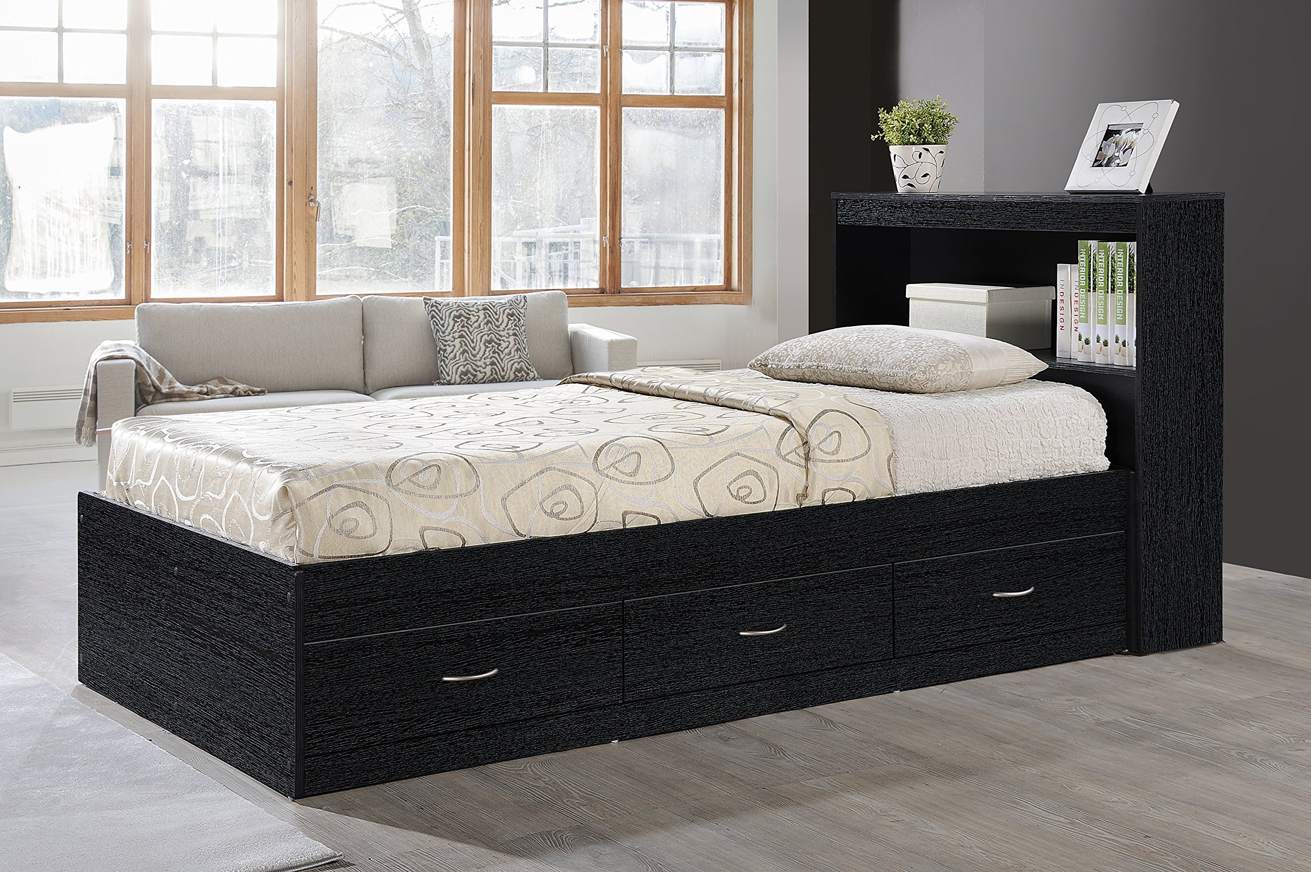Hodedah Twin-Size Captain Bed with 3-Drawers and Headboard in