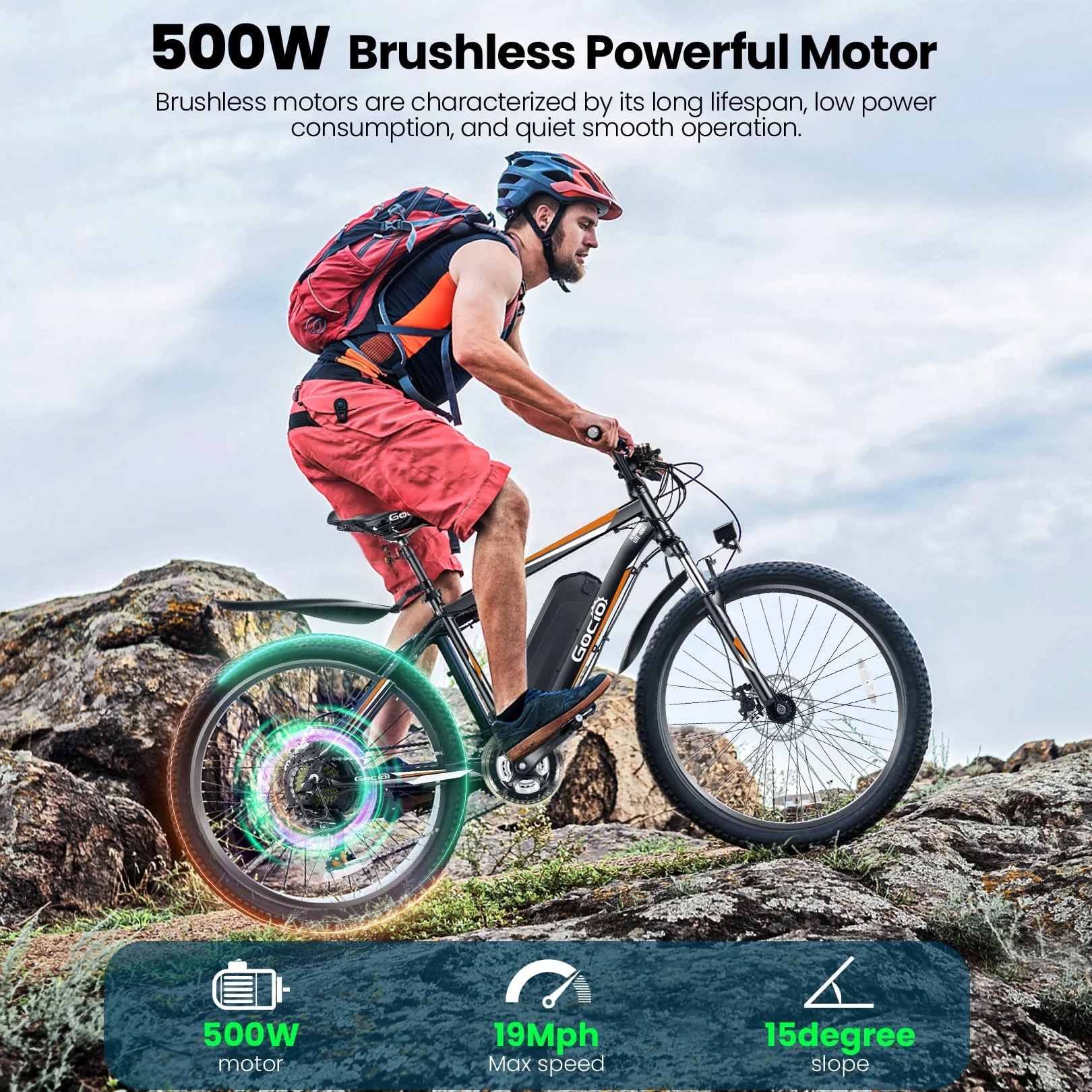 Gocio 26in Electric Mountain Bike, 500W, 48V 375Wh, 21-Speed