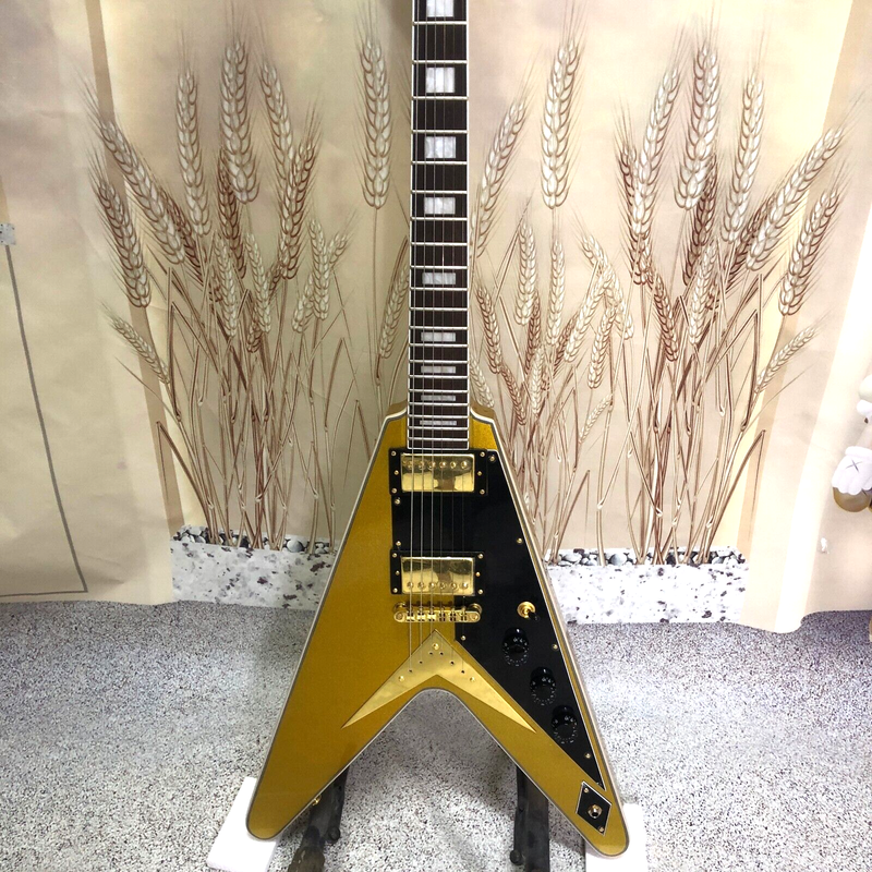 Badaxx Flying V Electric Guitar Gold Top Gold Warehard Solid Mahogany 22 Frets