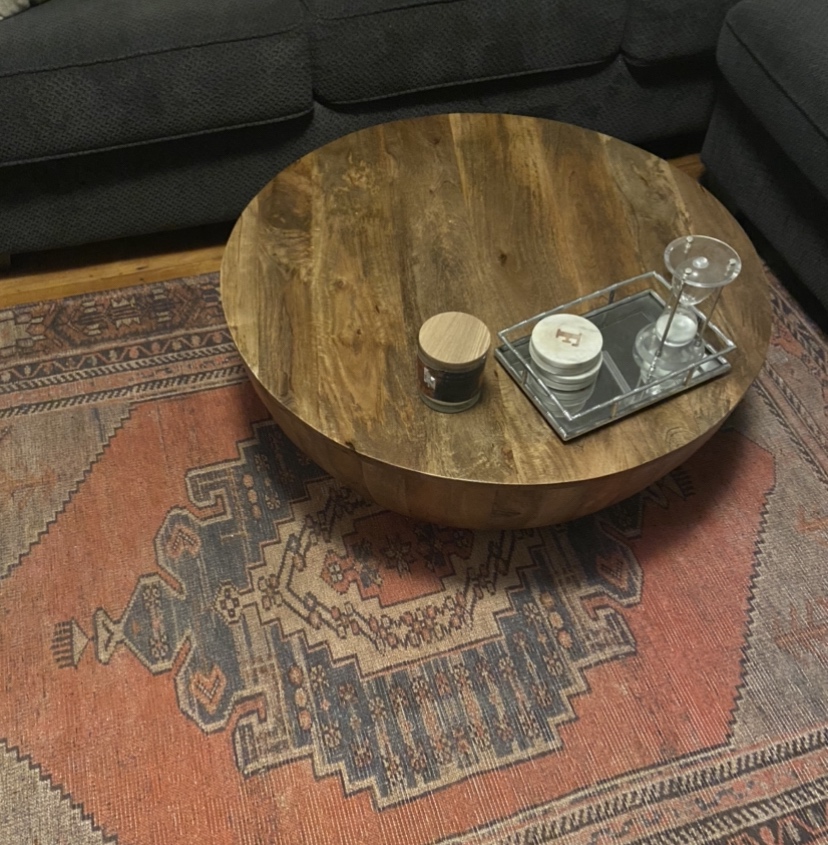 Drum Shape Wooden Coffee Table with Plank Design Base