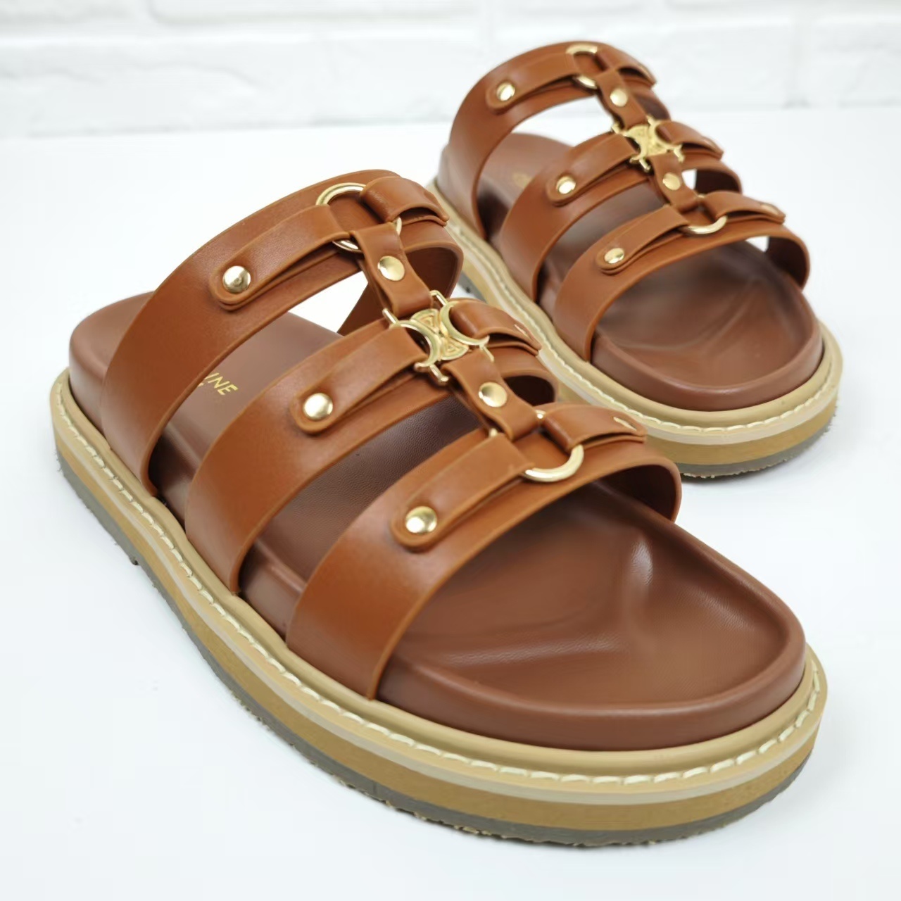 Celine Triomphe Leather Strap Sandals