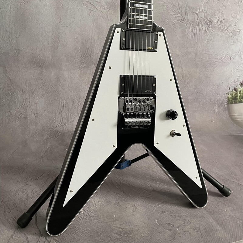 Black Flying V Electric Guitar Solid Body Mahogany Body FR Bridge Active Pickups