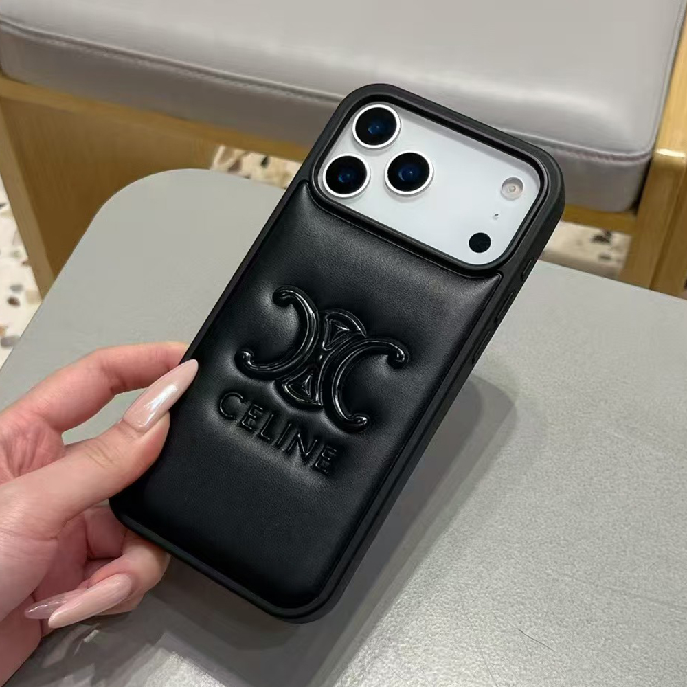 Celine Triomphe 3D Logo Padded Leather Luxury Shockproof Phone Case