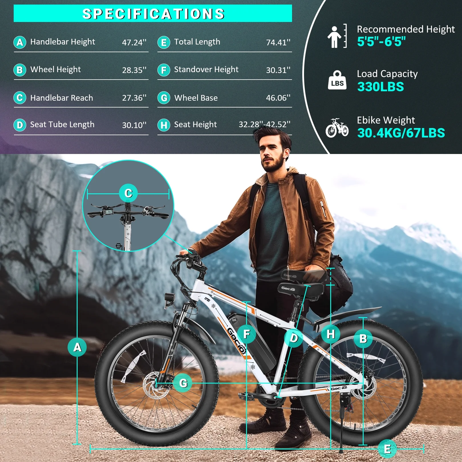 Gocio 26in Fat Tire Electric Mountain Bike, 500W, 48V 13Ah