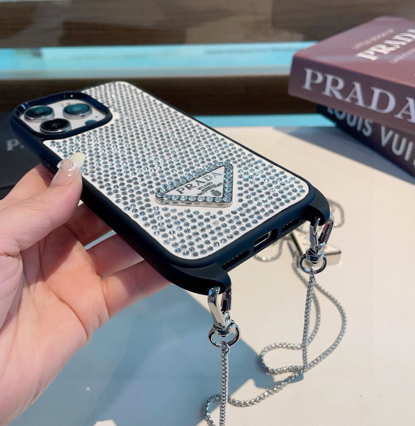 Prada Style Full Diamond Glitter Phone Case With Crossbody Chain Strap