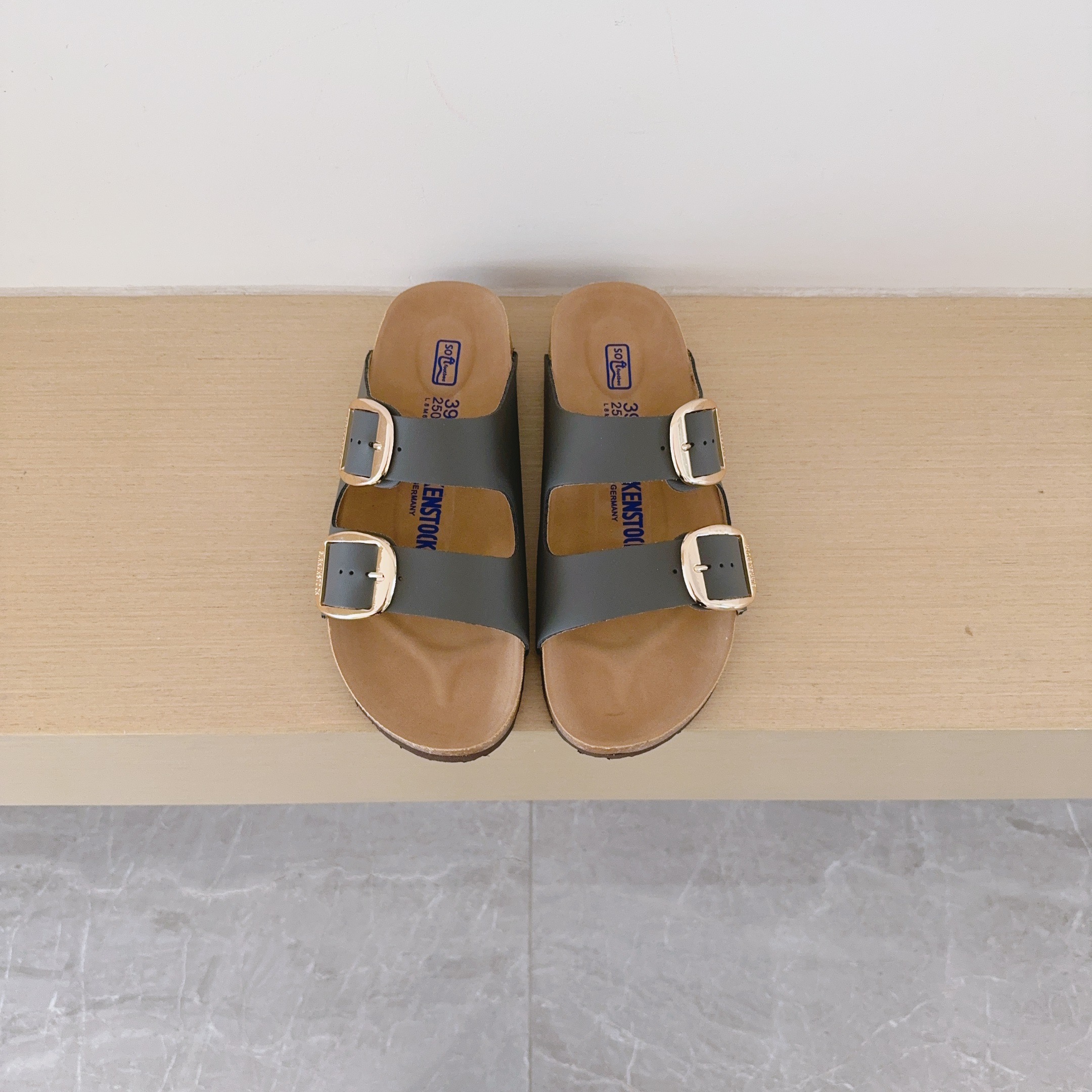 Round Gold Buckle Birken-Style Two-Strap Sandals