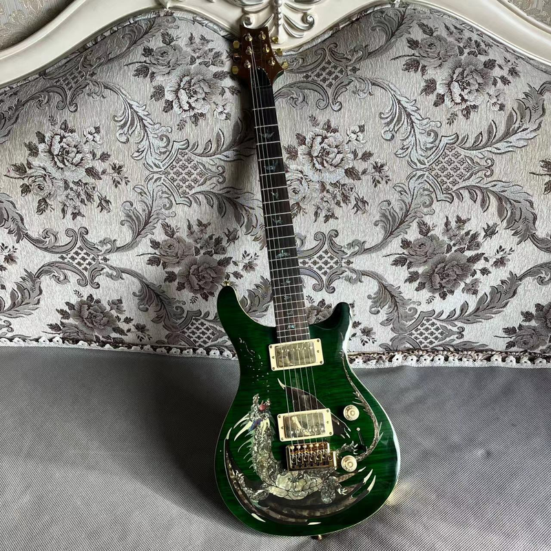 Electric Guitar Abalone Dragon Inlay Gold Bridge Dark Green Burst Maple 6strings