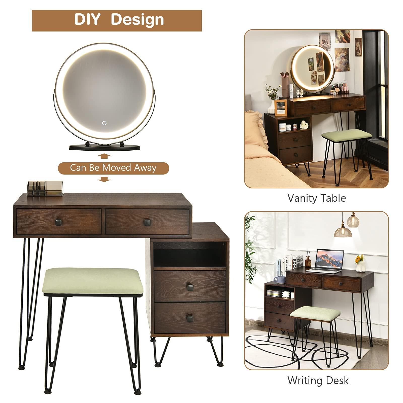 Vanity Set with 3 Colors Lighted Mirror