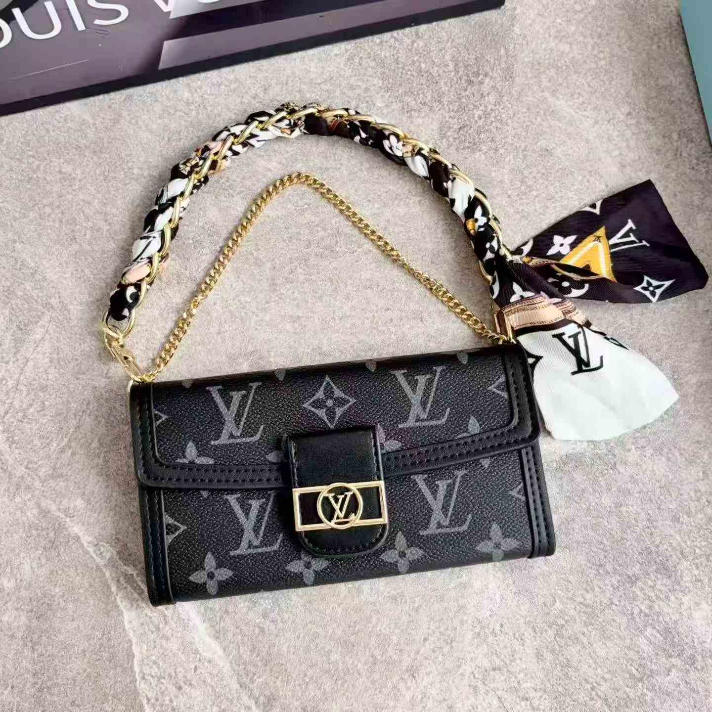 LV Monogram Baguette Shoulder Bag Mini Flap Handbag With Silk Scarf Chain Strap