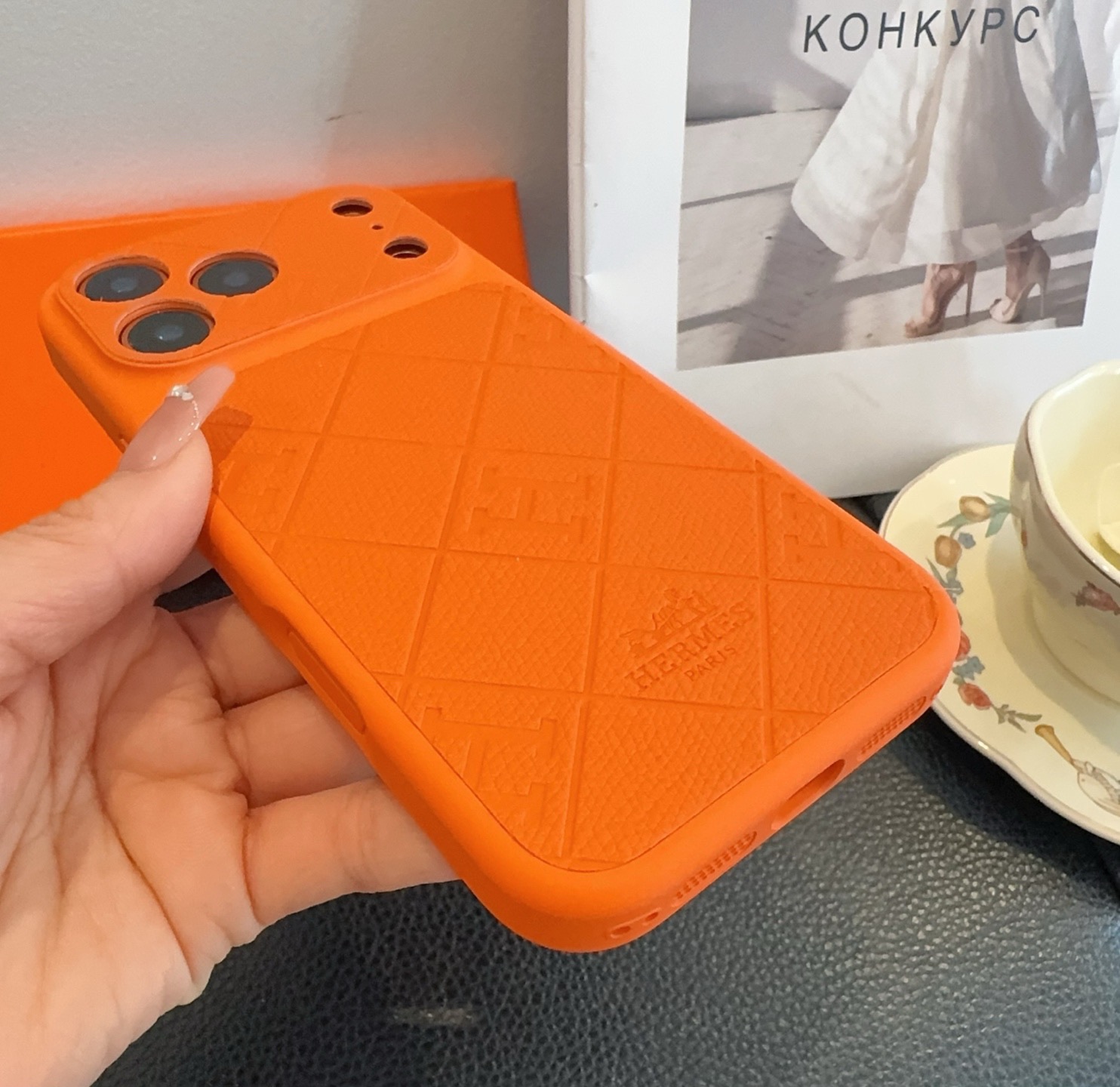 Hermès Style Embossed Leather Texture Full Cover Phone Case