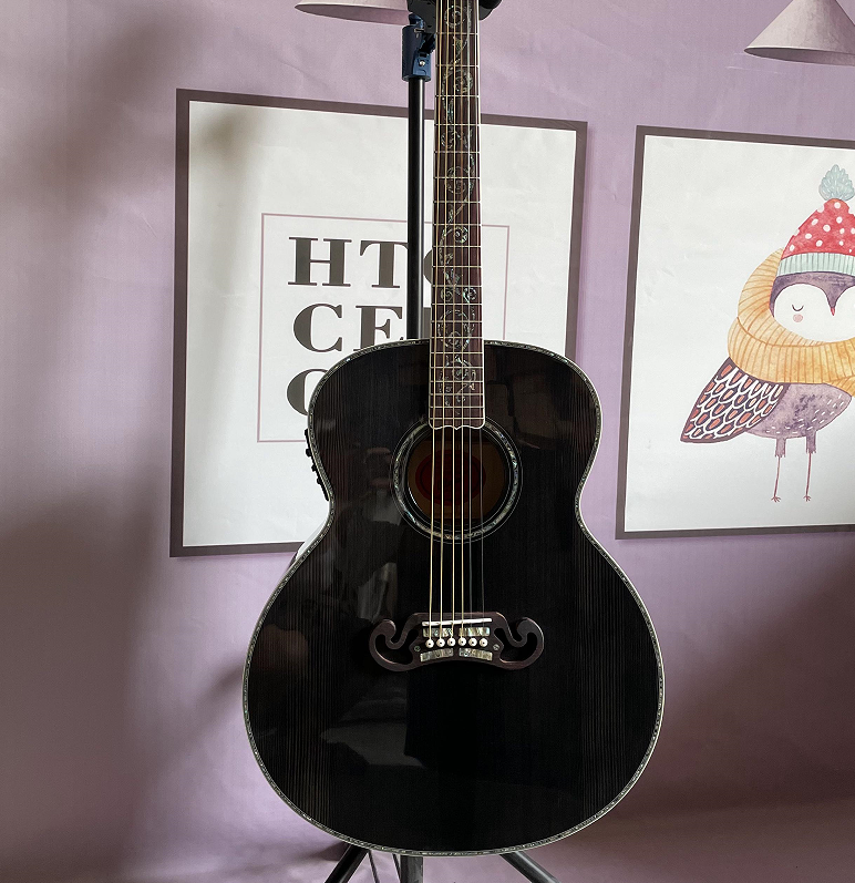 Handmade 43’ J200 Acoustic Electric Guitar Black with Pickups Solid Spruce