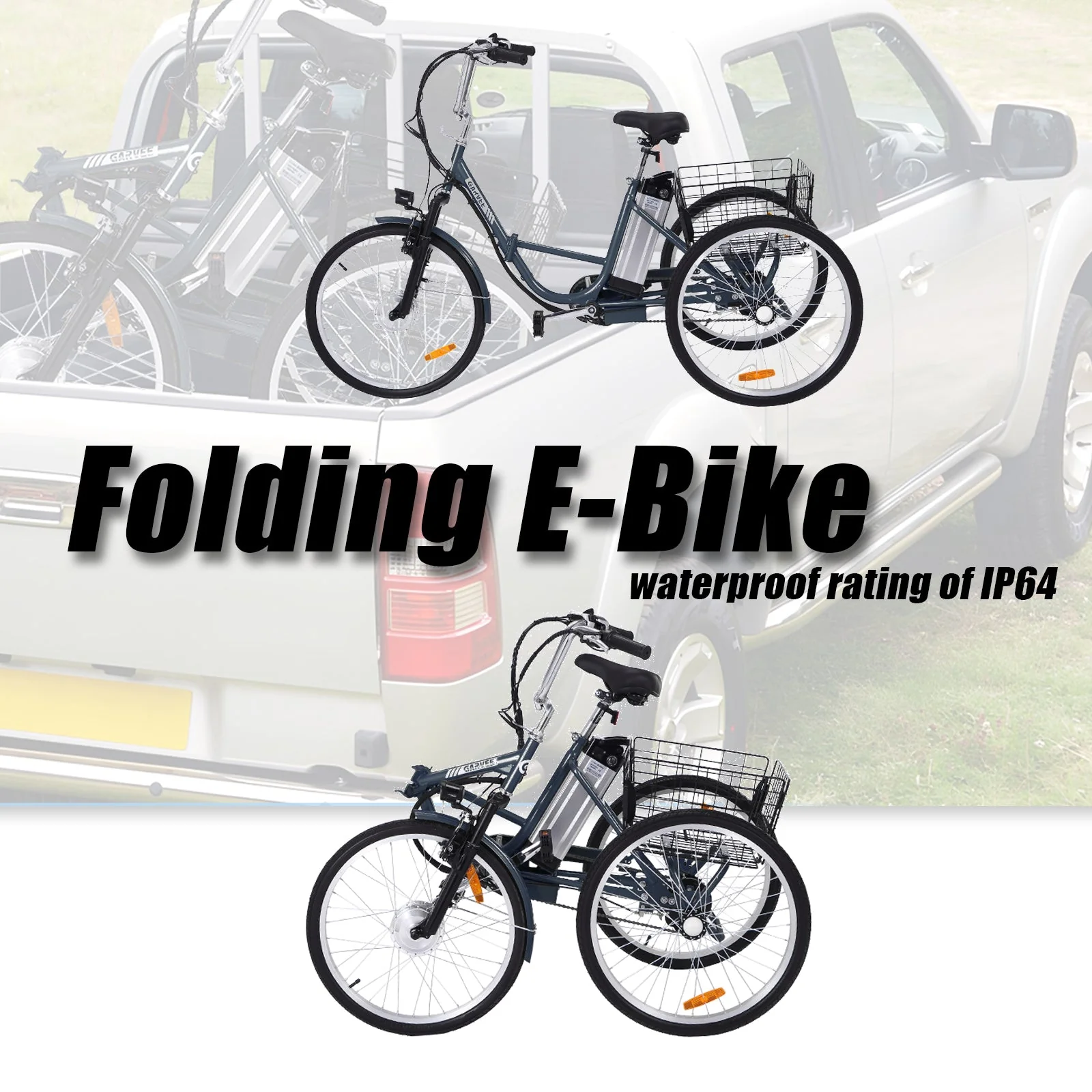 Patikuin 26in Folding Electric Tricycle, 250W, 36V, Gray