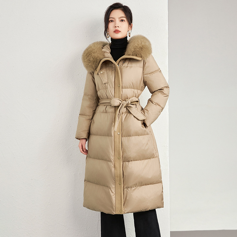 Elegant Fur Collar Hood Belt Long Cotton Jacket Women Zipper Drawstring Waist Parka Down Coat