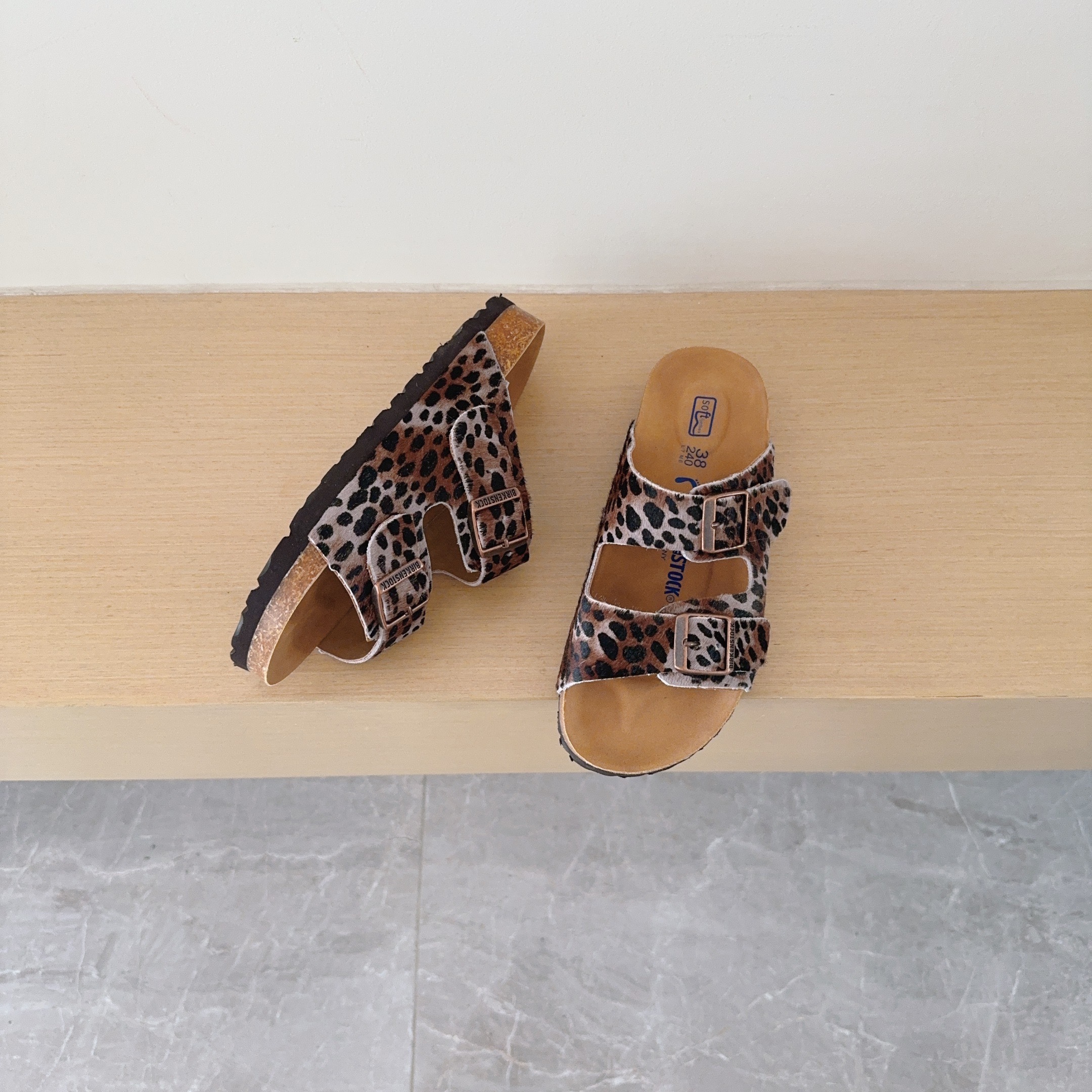 Leopard Print Birken-Style Two-Strap Sandals