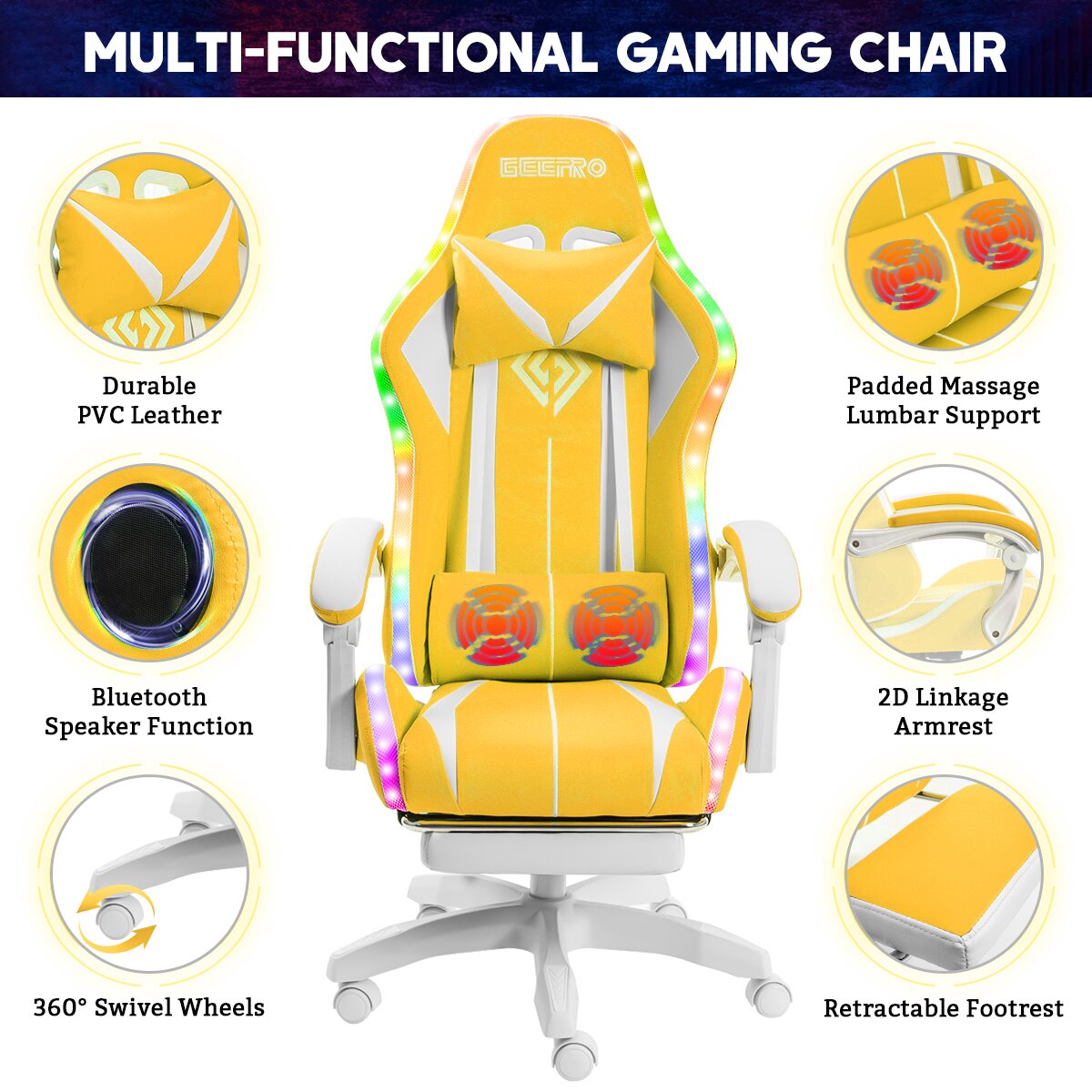 RGB PC & Racing Game Chair With Massage And Bluetooth