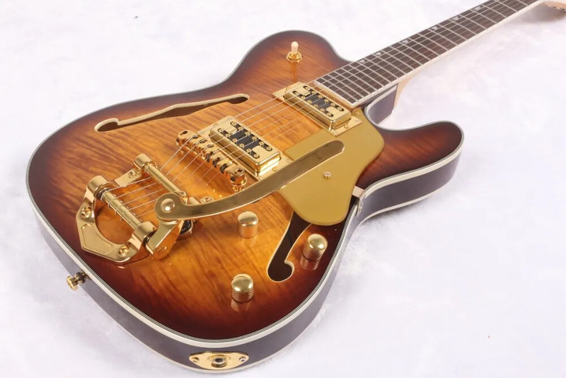 Flame Maple Top Sunburst Electric Guitar Semi Hollow Body Gold Sparkle Pickguard