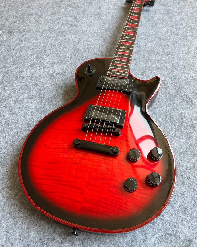 Red/Black Burst Solid Body Electric Guitar, EMG Pickups, Red Binding, LP Single
