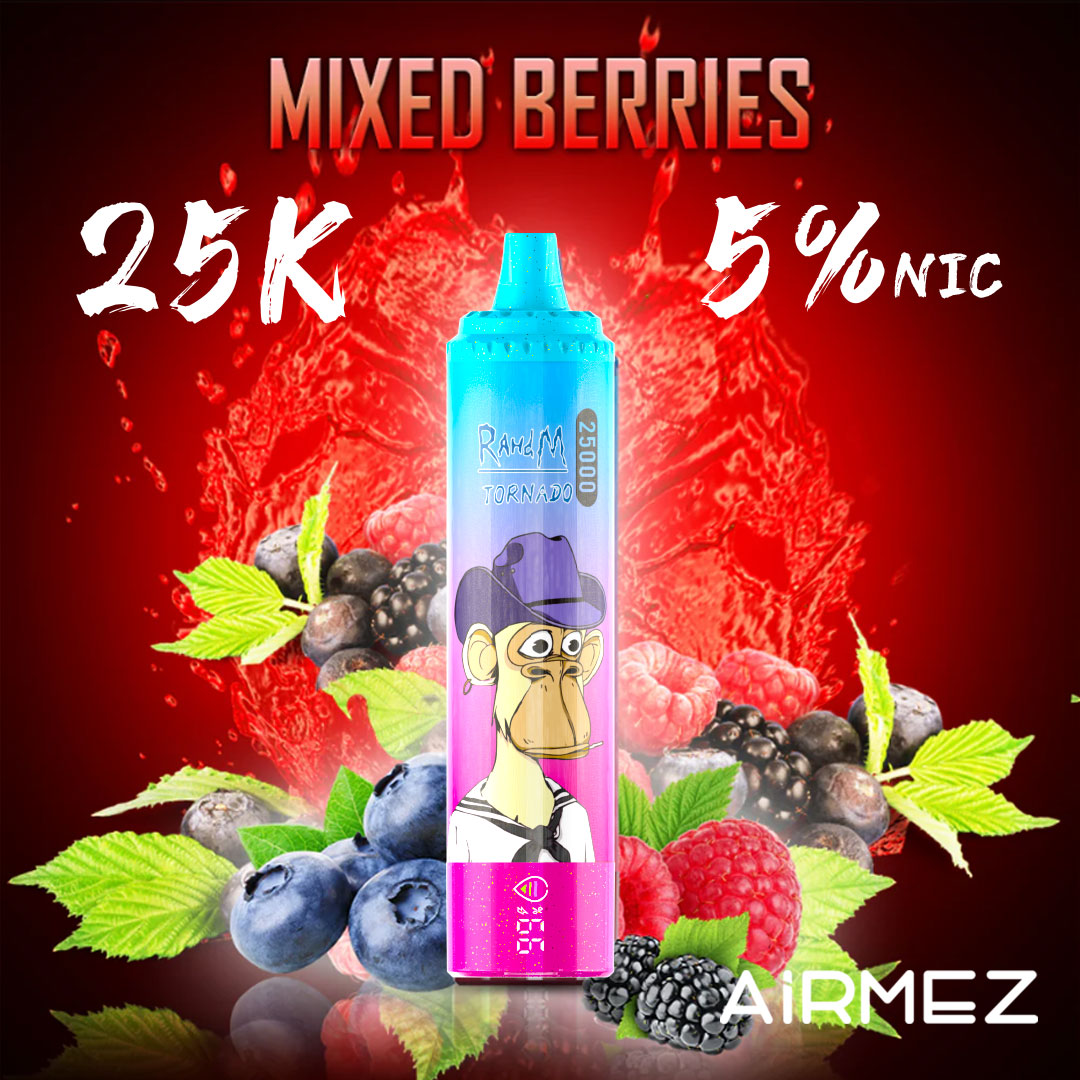 Rich and fruity Mixed Berries render for Airmez Tornado 25000 Puffs. Device surrounded by a vibrant mix of strawberries, blueberries, and raspberries.
