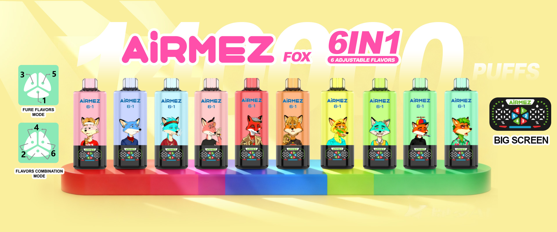 Airmez Fox 6 in 1 adjustable flavor modes disposable vape, 14000 puffs capacity with smart big screen display and rainbow background.