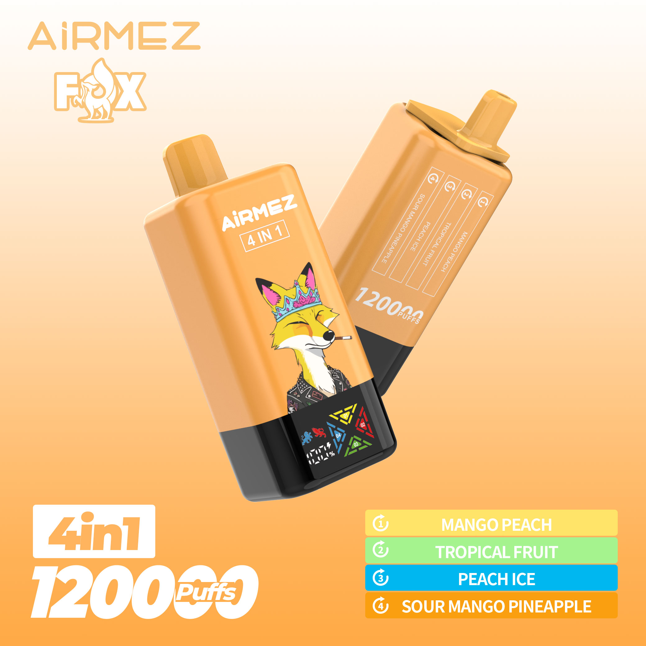 Official Tropical Edition Airmez Fox 120,000 Puffs 4-in-1. Features Mango Peach, Tropical Fruit, Peach Ice, and Sour Mango Pineapple.