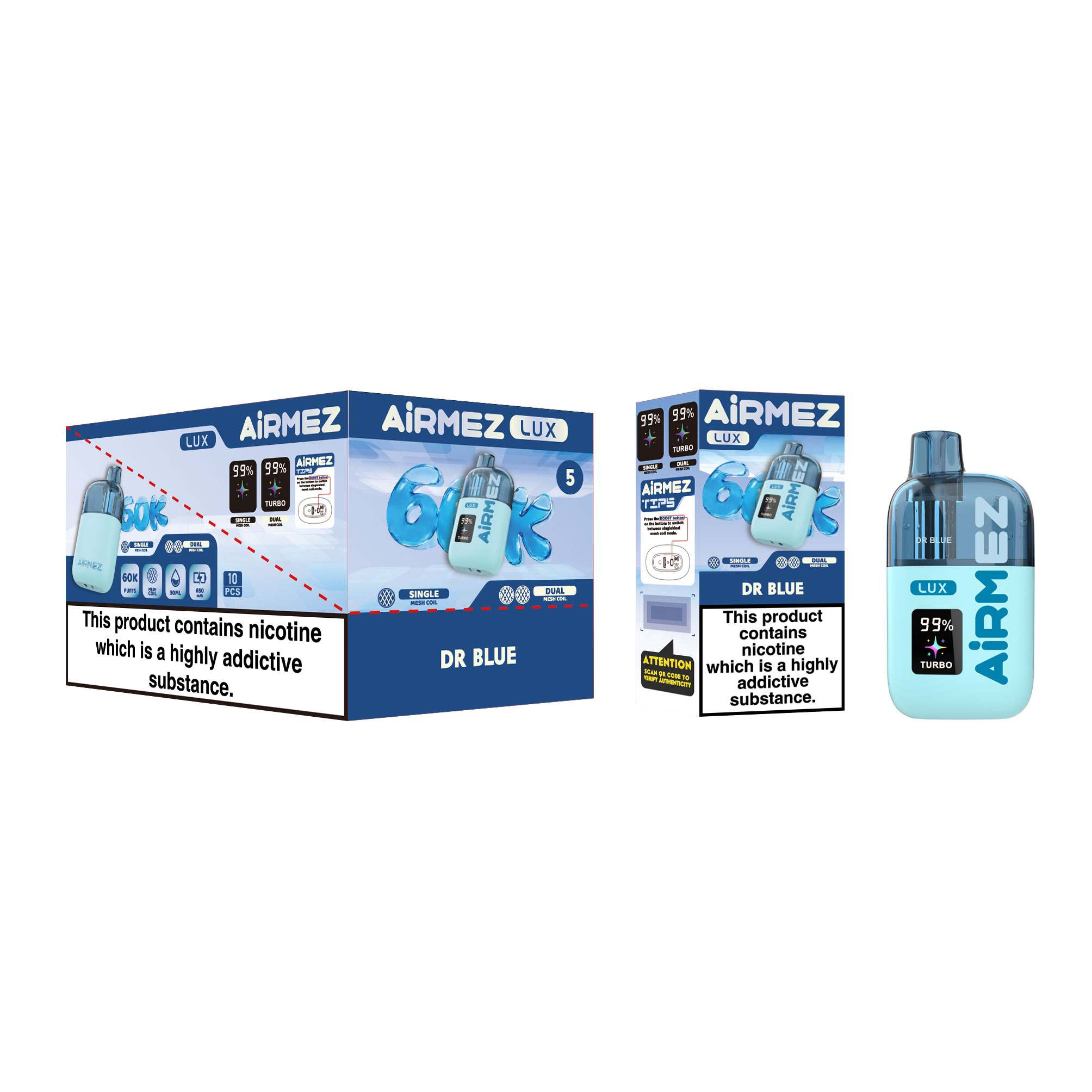 10pcs wholesale display box for Airmez Lux 60K Puffs Dr Blue flavor. Authentic retail packaging for B2B distribution from Poland/Germany warehouse.
