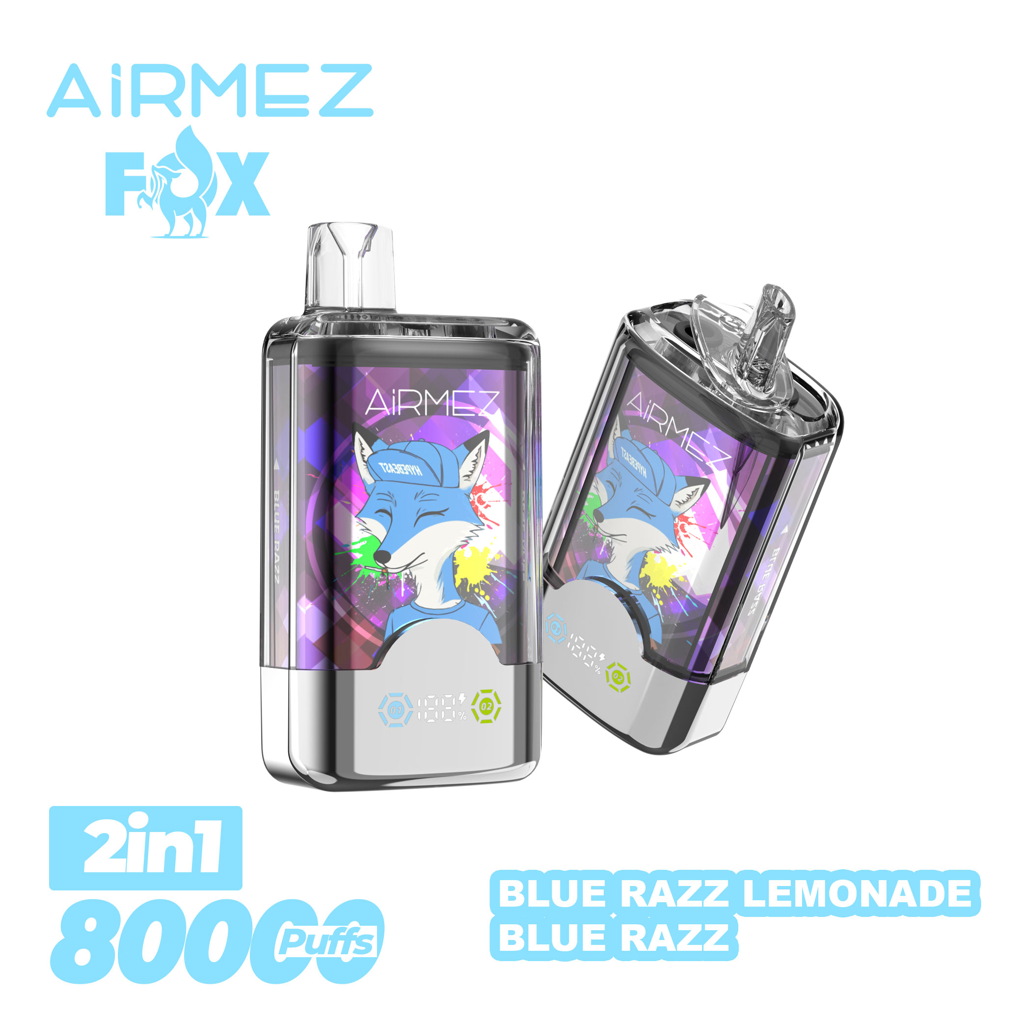 Official Airmez 80K Puffs Blue Razz Lemonade & Blue Razz. White backdrop showing the 2-in-1 device design and Type-C charging port specs
