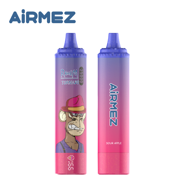 Airmez Tornado 25000 Puffs Sour Apple disposable vape. Shown on a white background to highlight the gradient texture and high-tech LED screen.