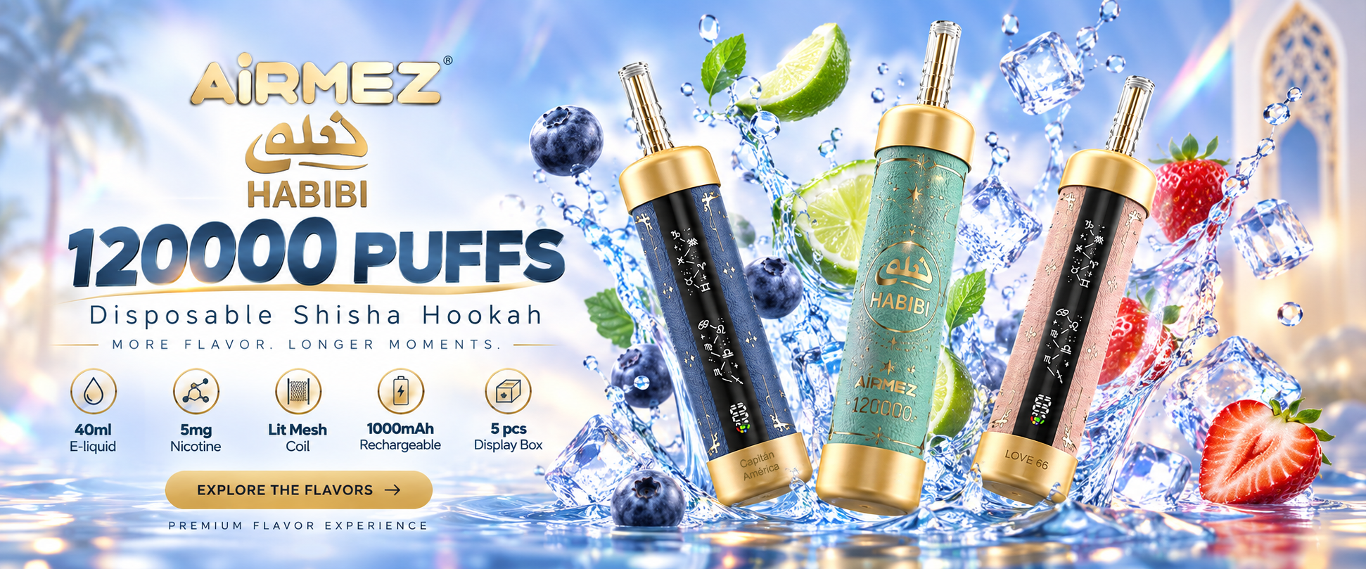 AiRMEZ HABIBI 120K disposable shisha hookah with 40ml e-liquid, Lit Mesh Coil and 1000mAh rechargeable battery