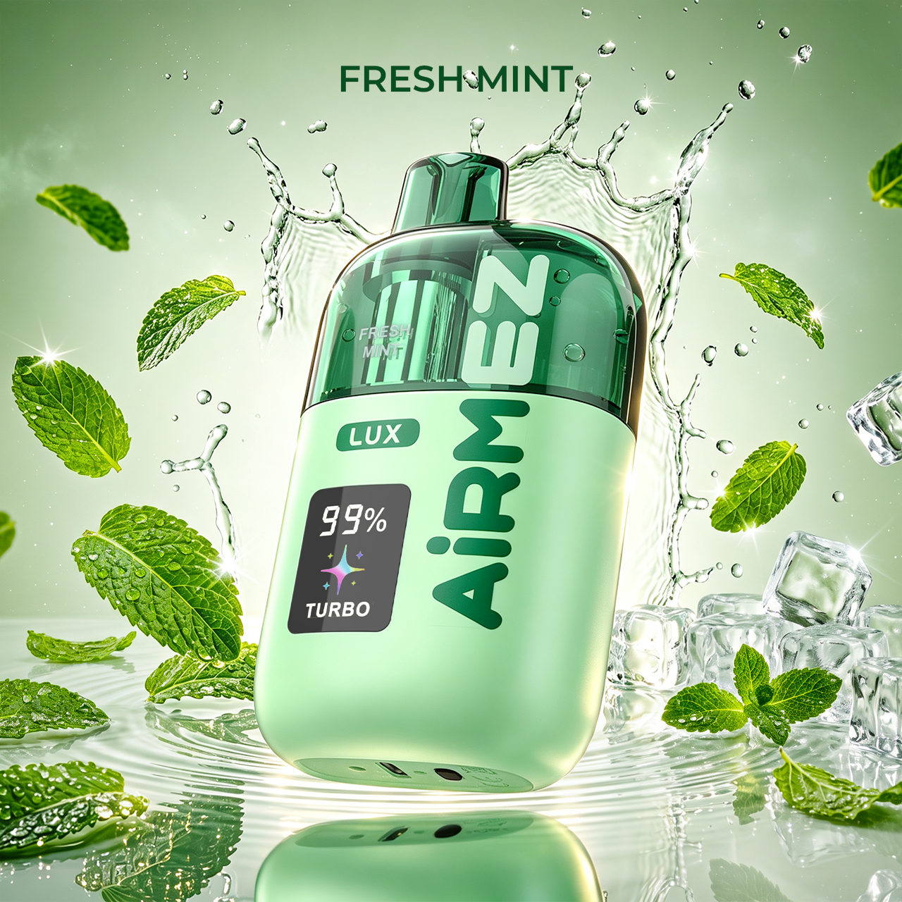 AiRMEZ Lux 100K Fresh Mint visible tank vape with mint and ice flavor background