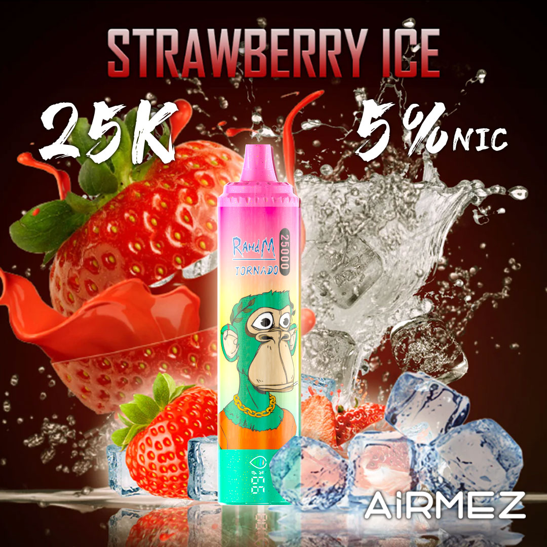 Airmez Tornado 25000 Puffs Strawberry Ice flavor showcase. Featuring the 25K puff vape with fresh red strawberries and a chilled, frosty aesthetic.