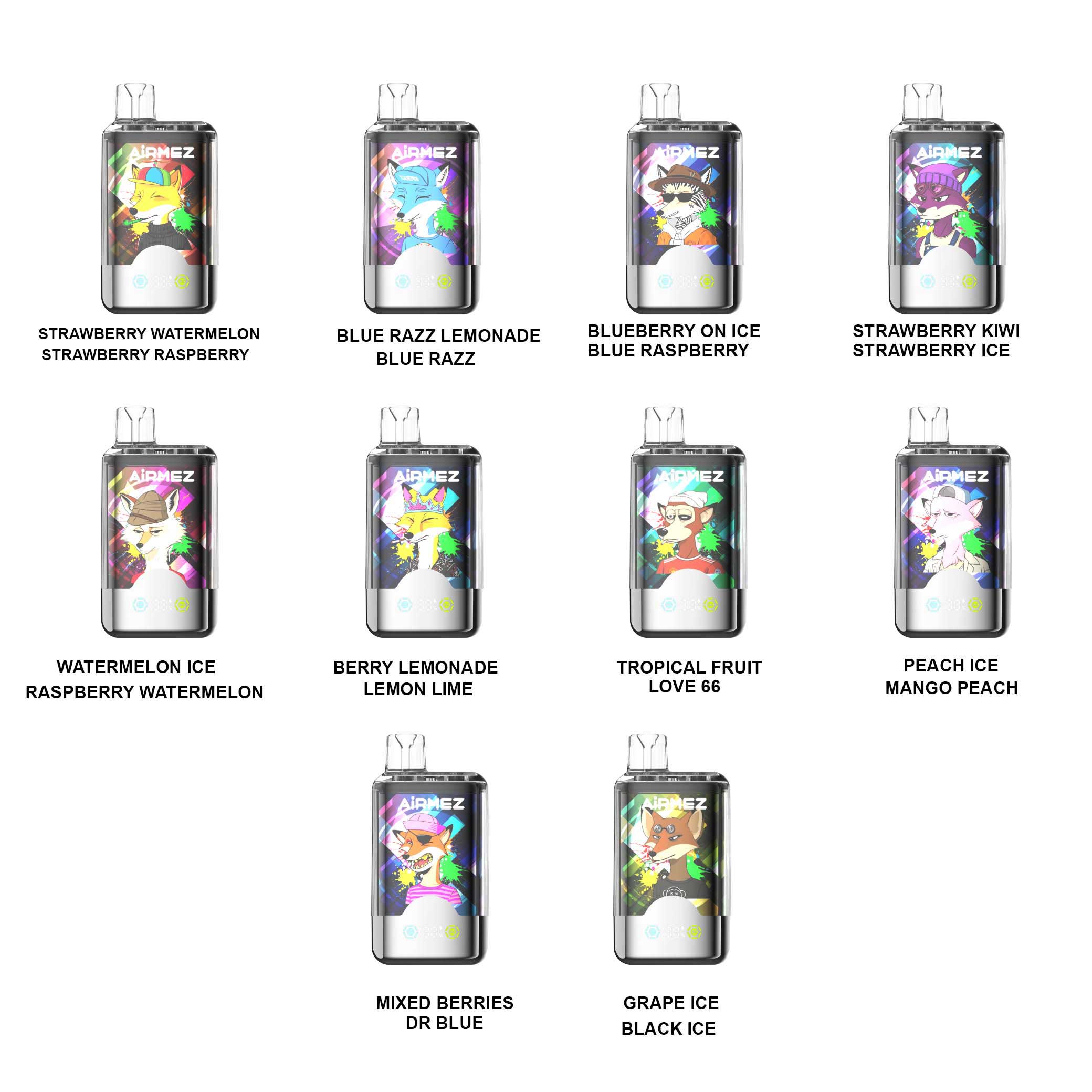 Complete flavor catalog for Airmez Fox 80,000 Puffs 2-in-1. Showcases 10 dual-flavor pairs including Strawberry Kiwi, Peach Ice, and Love 66. EU local stock available.