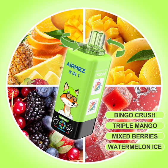 Airmez Fox 8-in-1 160K Kit 01 – Bingo Crush & Triple Mango & Mixed Berries & Watermelon Ice | 4 Flavor Kit Render | Rotate to Switch | EU Stock Ships from Poland