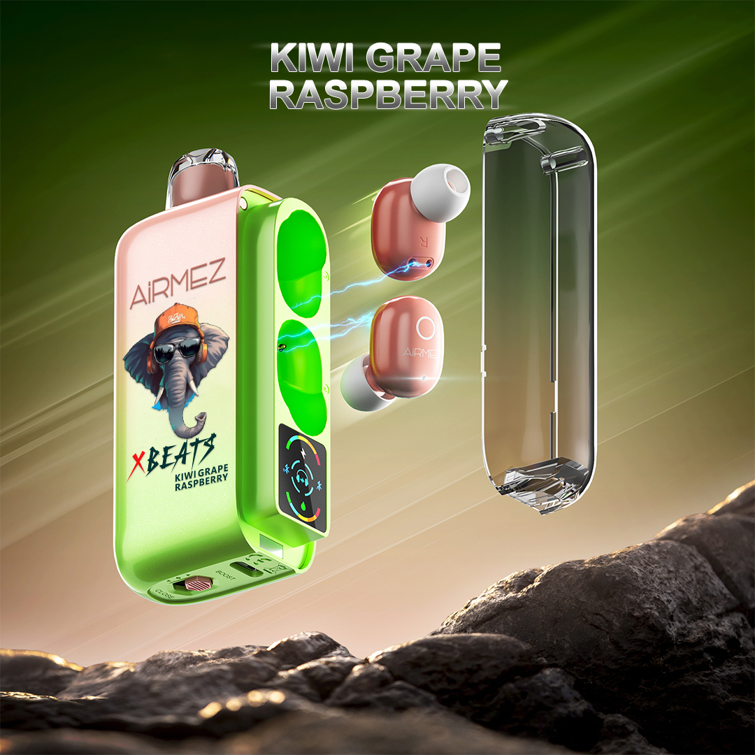 Airmez XBeats 40000 Puffs Kiwi Grape Raspberry flavor featuring storage and charging integrated for earbuds.