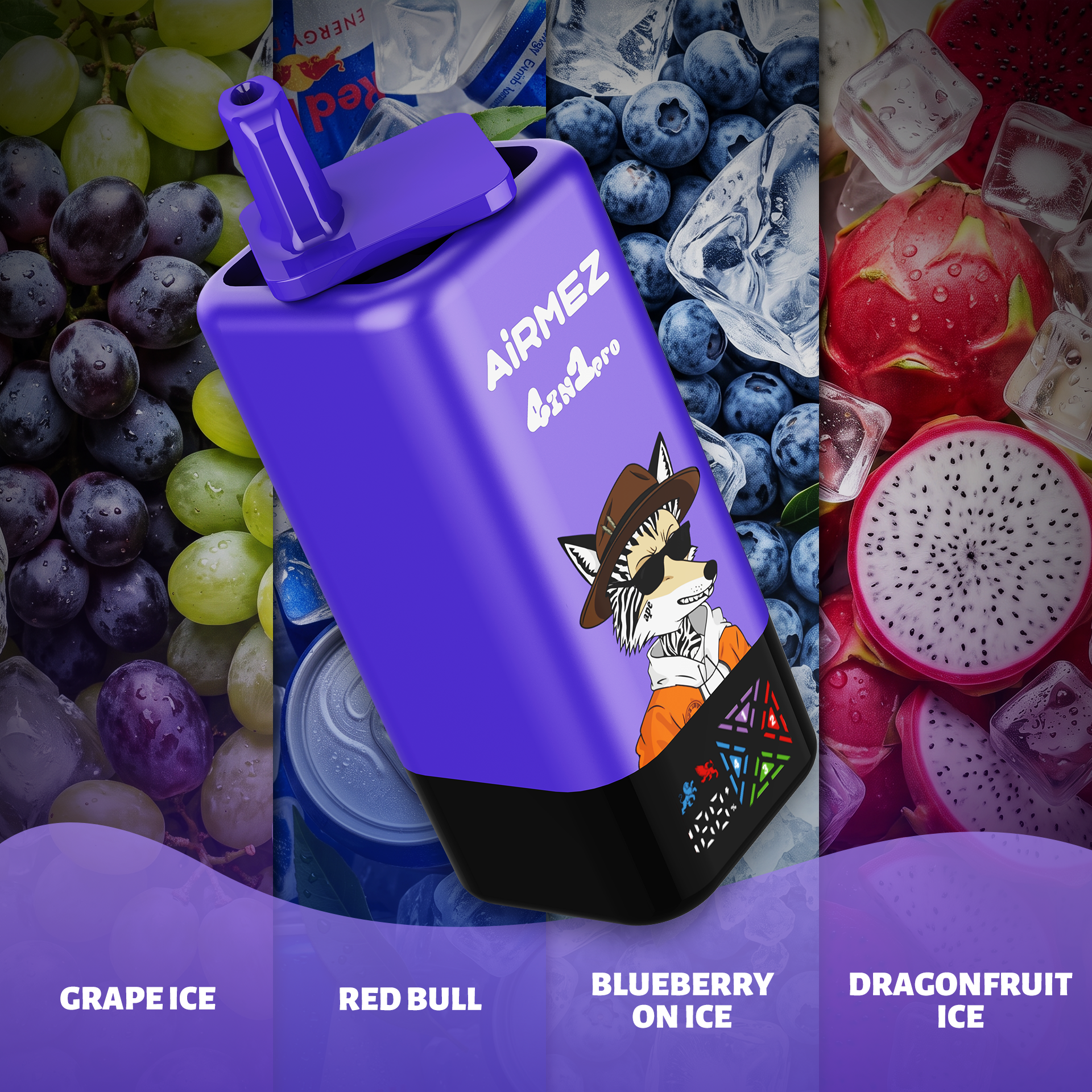 AiRMEZ Fox 4-in-1 Pro 120K Grape Ice, Red Bull, Blueberry On Ice and Dragonfruit Ice