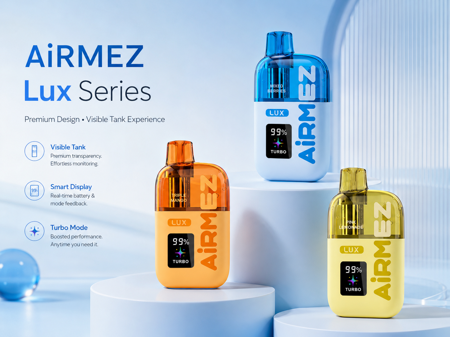 AiRMEZ Lux Series visible tank devices showing premium design, transparent e-liquid tank, smart display and Turbo mode