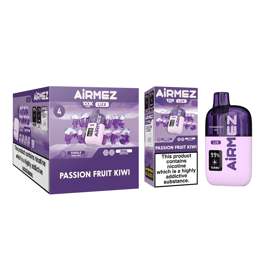 Airmez Lux 100,000 Puffs Passion Fruit Kiwi disposable vape wholesale master box with 10pcs retail display carton packaging for EU market