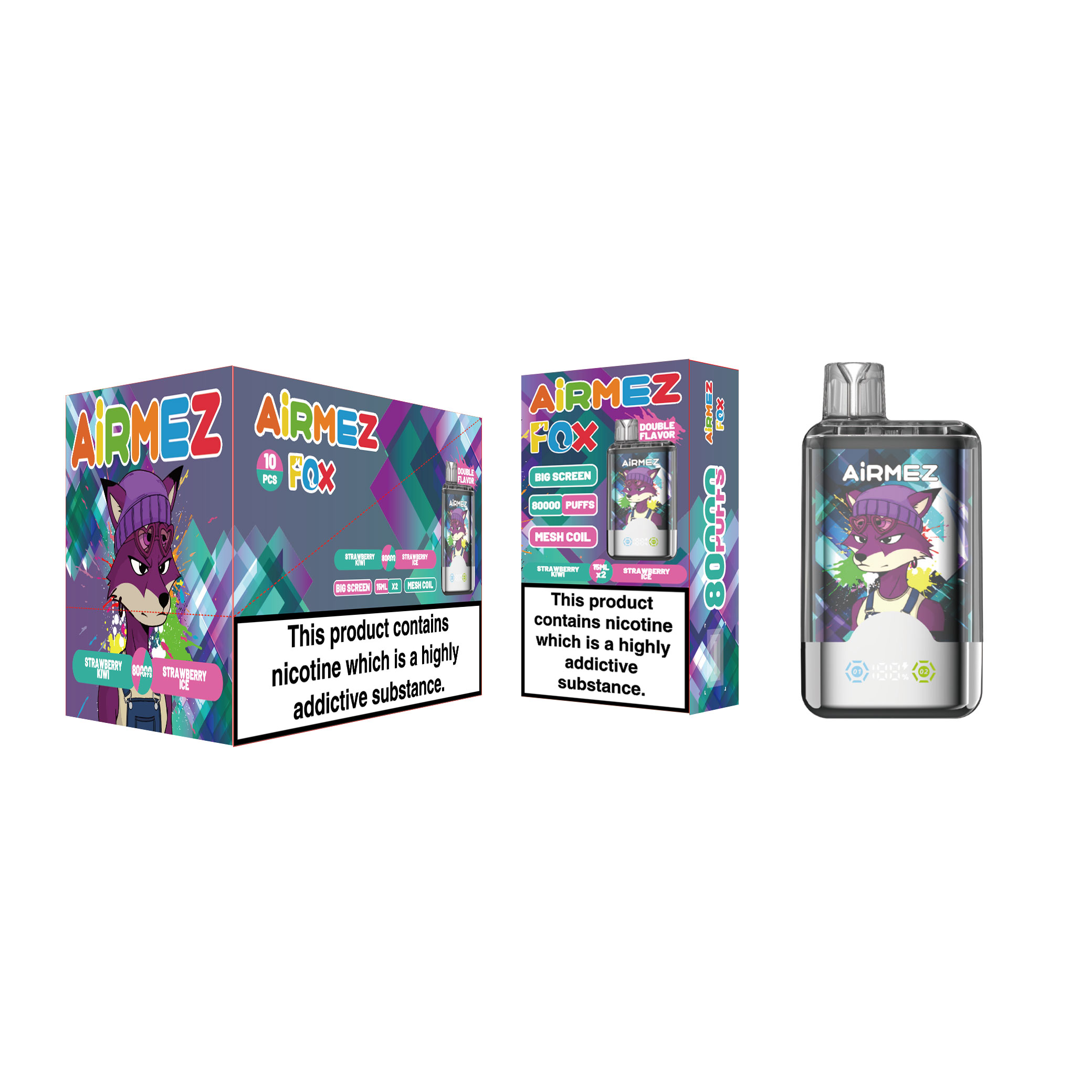 Airmez 80K 2-in-1 Strawberry Kiwi & Strawberry Ice wholesale display. 10pcs retail boxes. Local EU warehouse dispatch for quick shop replenishment