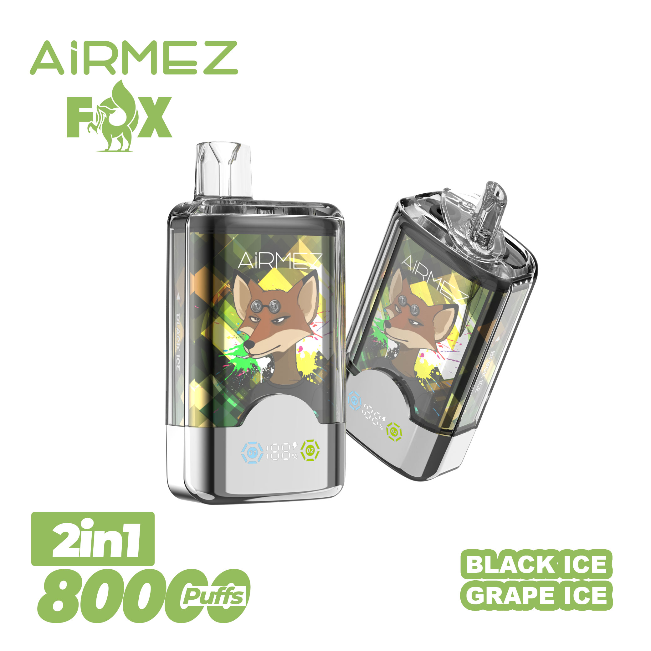 Official white background shot of Airmez 80,000 Puffs 2-in-1 Black Ice & Grape Ice. High-capacity dual flavor switch vape with smart LED screen.