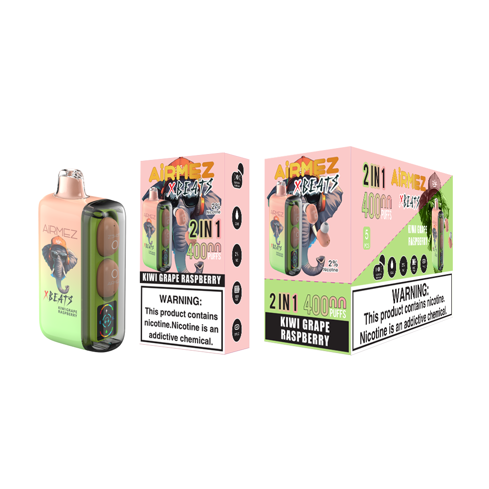 Airmez XBeats 40000 Puffs Kiwi Grape Raspberry retail packaging with 10pcs master box and 1pc color box. Built-in Hi-Fi headphones.