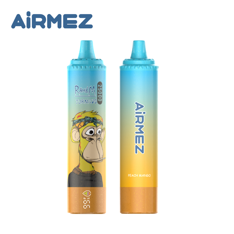 Studio shot of Airmez Tornado 25000 Puffs in Peach Mango. Front and back profiles displayed on a pure white background for clear visualization.