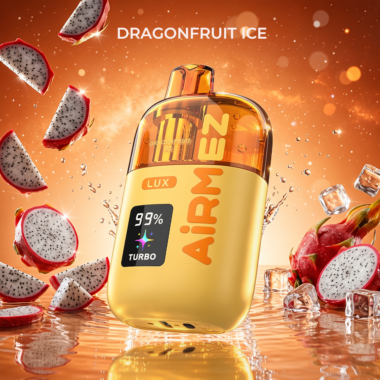 AiRMEZ Lux 100K Dragonfruit Ice visible tank vape with dragon fruit and ice flavor background