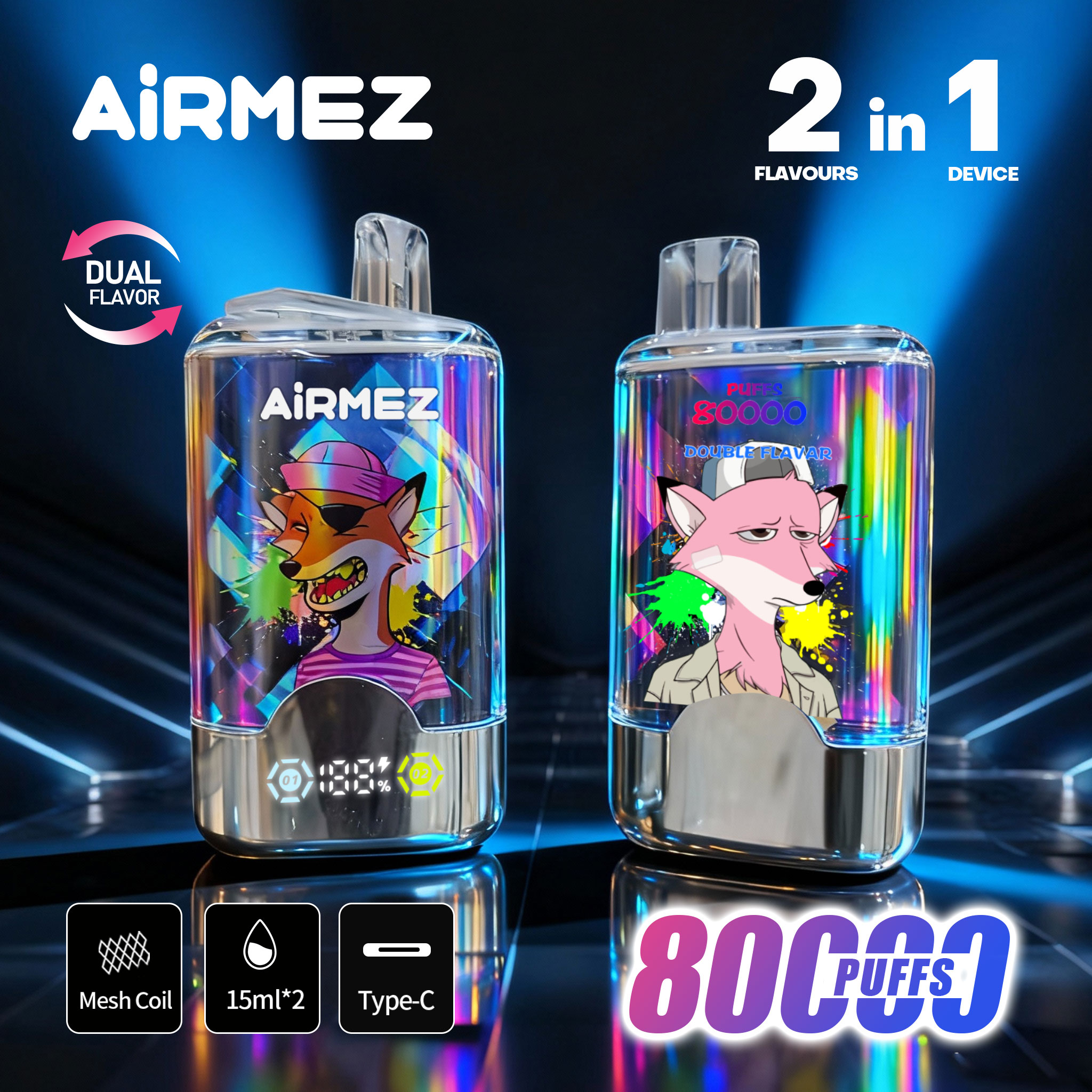 Airmez Fox 2 in 1 device with 8000 puffs, dual flavor pods, and mesh coil for enhanced taste.