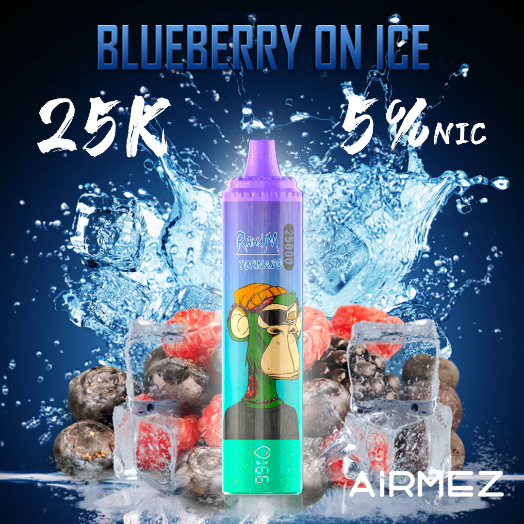 Dynamic promo image for Airmez Tornado 25000 Puffs Blueberry On Ice. Highlighted with fresh blueberries, cooling ice cubes, and frosty vapor effects.