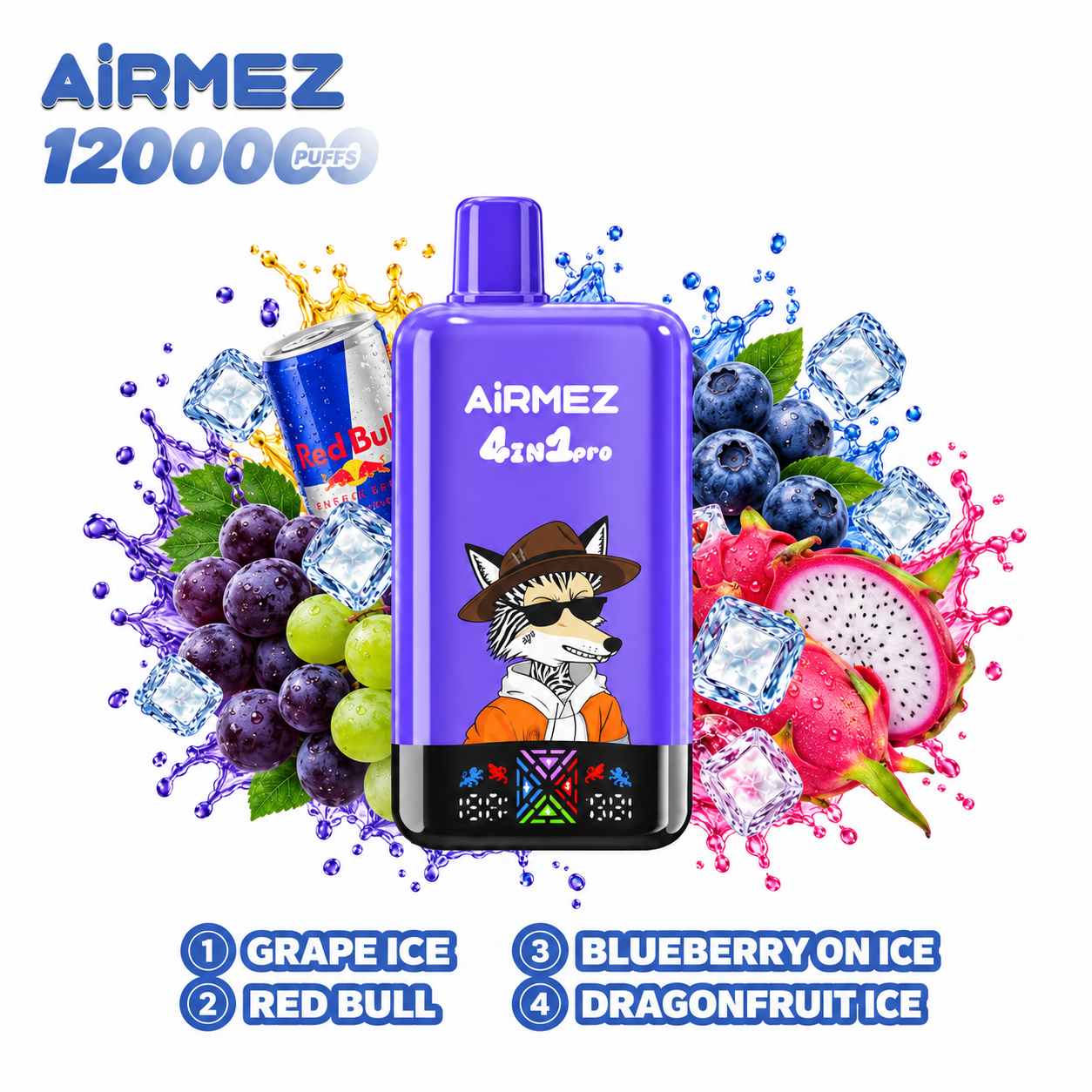 AiRMEZ Fox 4-in-1 Pro 120K four-flavor edition with Grape Ice, Red Bull, Blueberry On Ice and Dragonfruit Ice
