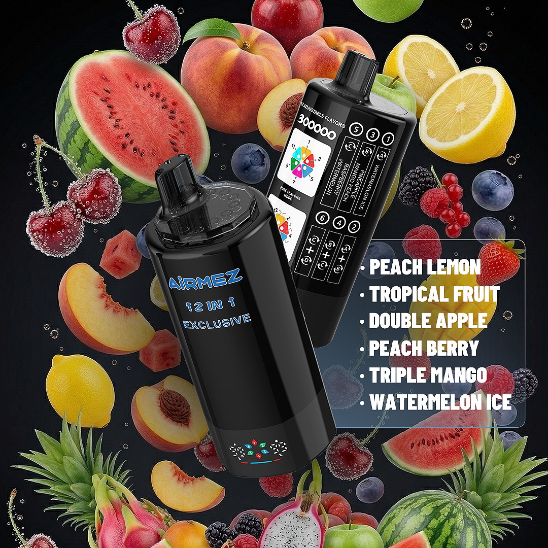 Final edition flavor concept render of AiRMEZ Exclusive 300K Edition 10 highlighting double apple and peach lemon.