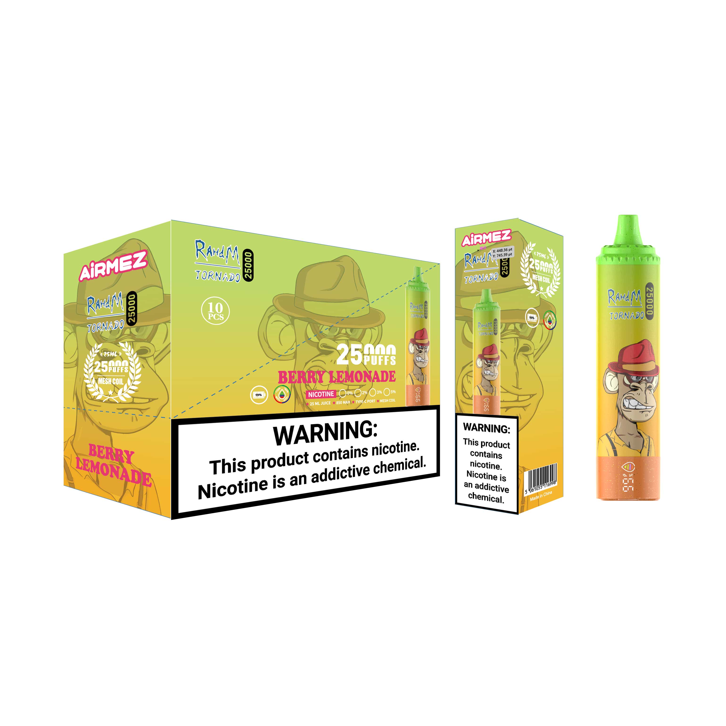 Wholesale packaging for Airmez Tornado 25000 Puffs Berry Lemonade. Shows the 10-pack display box and individual retail box with warning labels and device artwork.