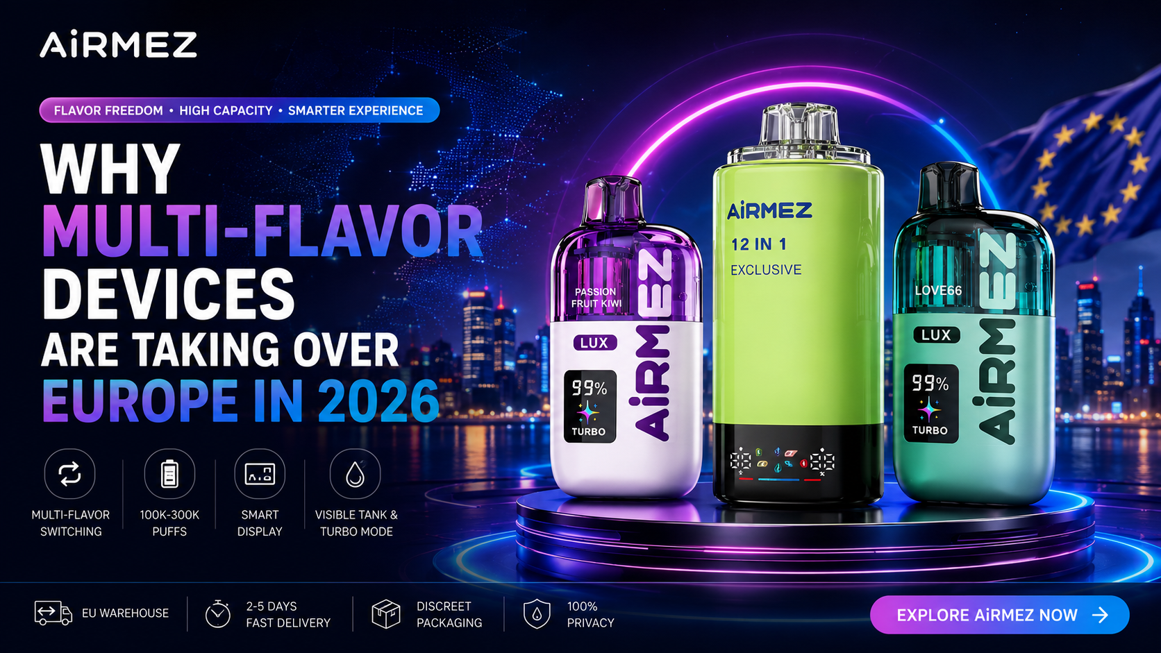 AiRMEZ multi-flavor disposable vape lineup for the European market in 2026 featuring Lux 100K and advanced smart devices