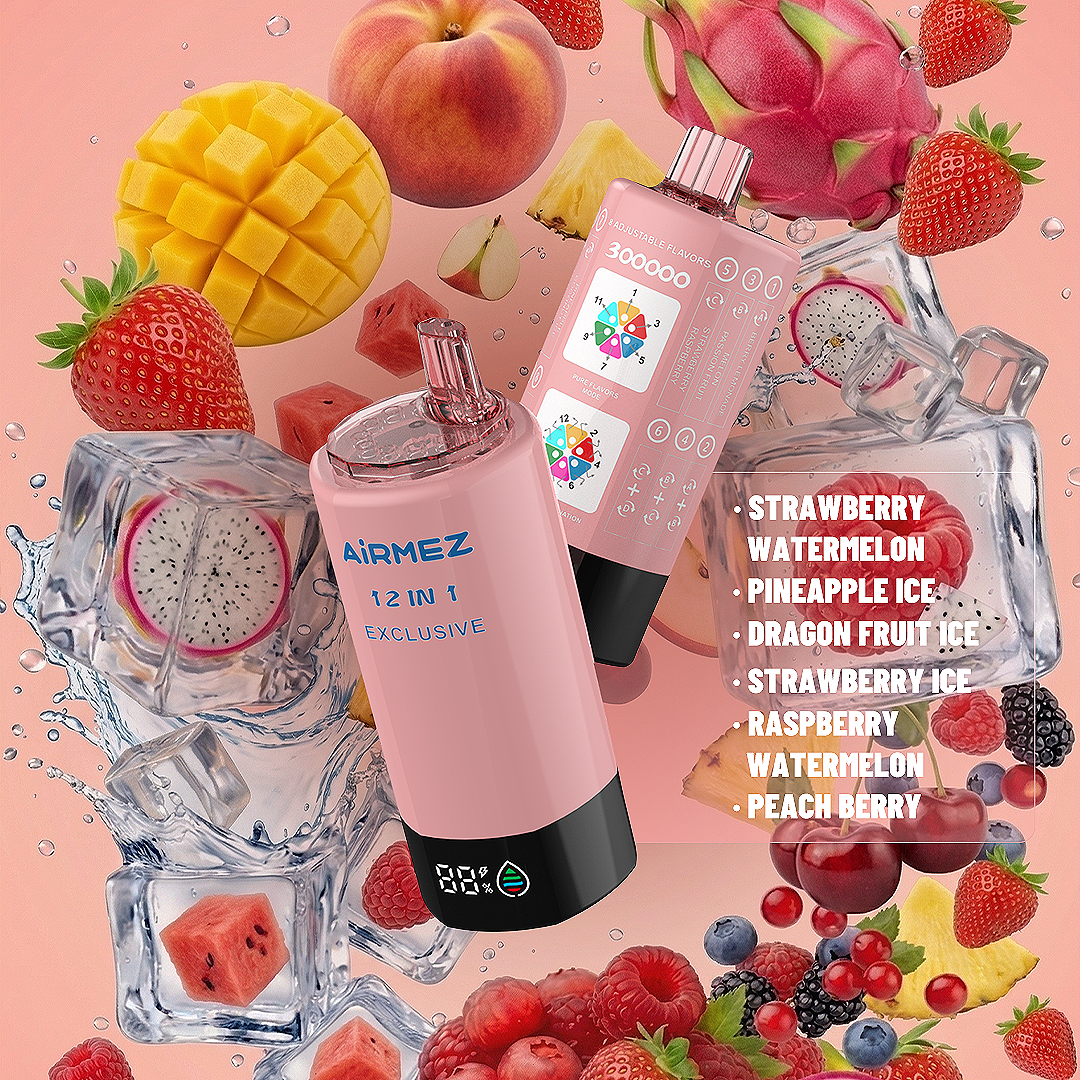 Aesthetic flavor render of AiRMEZ Exclusive 12-in-1 300K Edition 4 showcasing fizzy cherry cola and double apple.