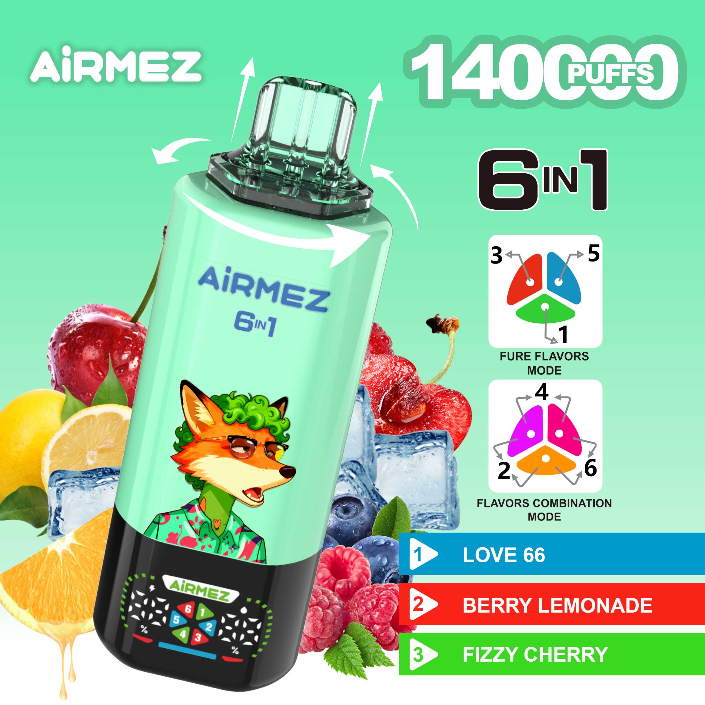 Official specs of Airmez Fox 140K Love 66 Mix. 6-in-1 smart vape device featuring Love 66, Berry Lemonade, and Fizzy Cherry.