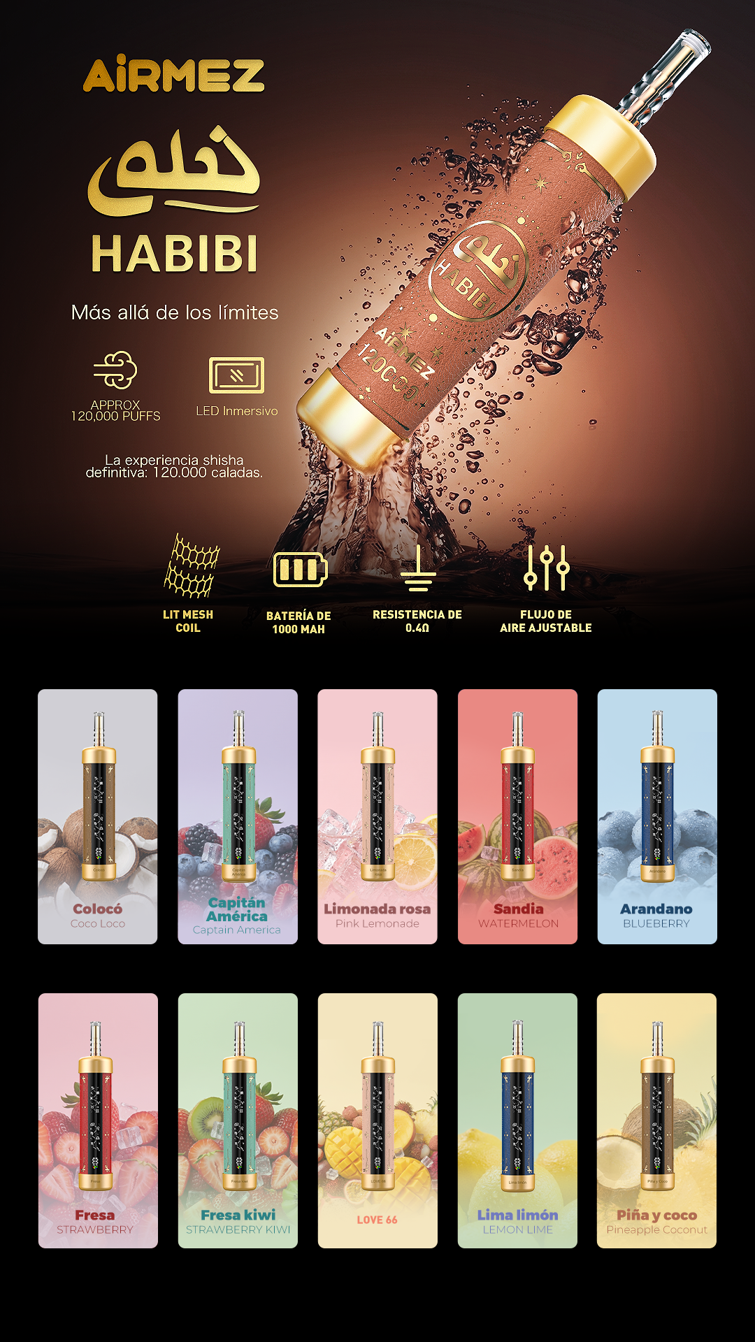 AiRMEZ HABIBI 120K shisha-inspired rechargeable device with immersive LED, Lit Mesh Coil, 1000mAh battery and adjustable airflow